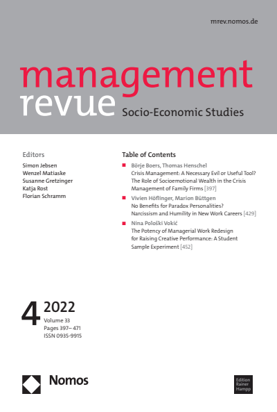 Cover der Ausgabe: mrev management revue Jahrgang 33 (2022), Heft 4