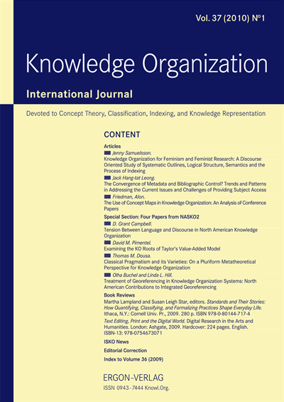Cover der Ausgabe: KO KNOWLEDGE ORGANIZATION Jahrgang 37 (2010), Heft 1