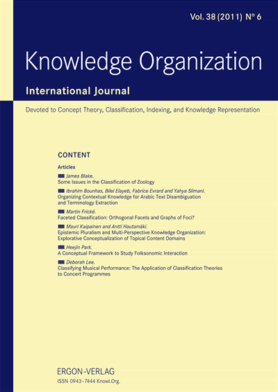 Cover der Ausgabe: KO KNOWLEDGE ORGANIZATION Jahrgang 38 (2011), Heft 6