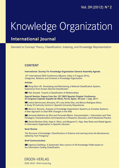 Cover der Ausgabe: KO KNOWLEDGE ORGANIZATION Jahrgang 39 (2012), Heft 2