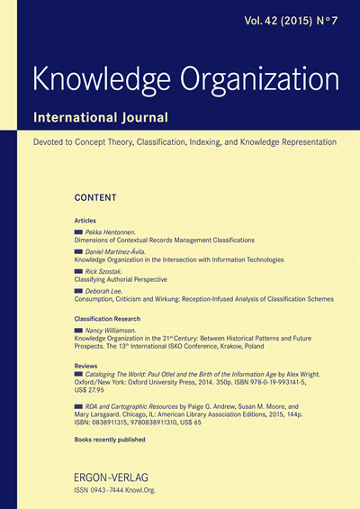 Cover der Ausgabe: KO KNOWLEDGE ORGANIZATION Jahrgang 42 (2015), Heft 7