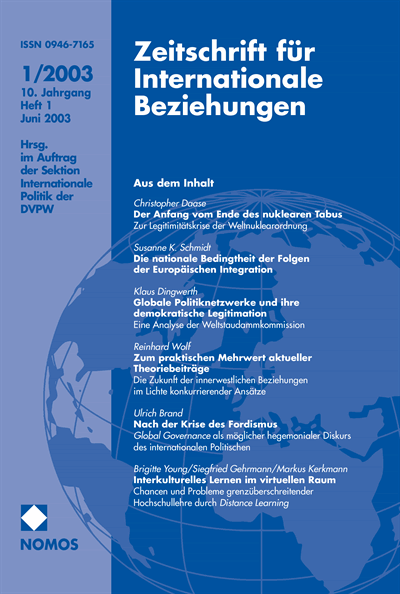 Cover der Ausgabe: ZIB Zeitschrift für Internationale Beziehungen Jahrgang 10 (2003), Heft 1