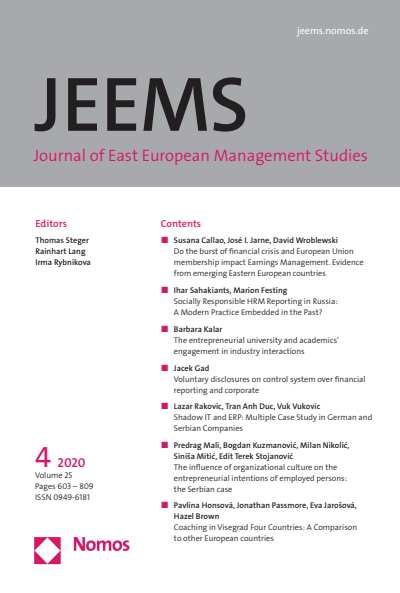 Cover der Ausgabe: JEEMS Journal of East European Management Studies Jahrgang 25 (2020), Heft 4