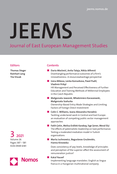 Cover der Ausgabe: JEEMS Journal of East European Management Studies Jahrgang 26 (2021), Heft 3