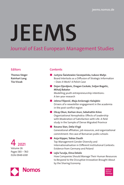 Cover der Ausgabe: JEEMS Journal of East European Management Studies Jahrgang 26 (2021), Heft 4