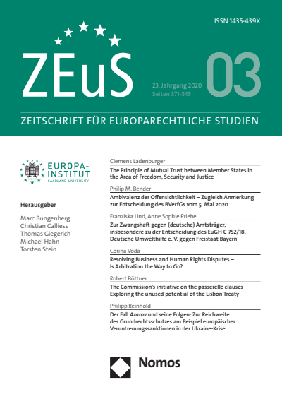Cover of Volume: ZEuS Zeitschrift für Europarechtliche Studien Volume 23 (2020), Edition 3