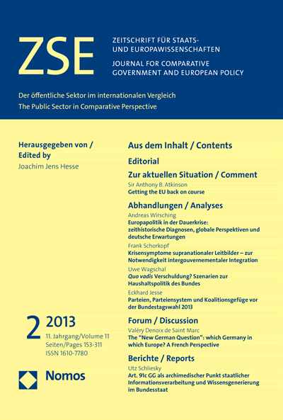Cover der Ausgabe: ZSE Zeitschrift für Staats- und Europawissenschaften | Journal for Comparative Government and European Policy Jahrgang 11 (2013), Heft 2