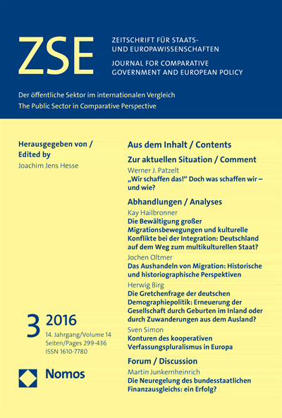 Cover der Ausgabe: ZSE Zeitschrift für Staats- und Europawissenschaften | Journal for Comparative Government and European Policy Jahrgang 14 (2016), Heft 3