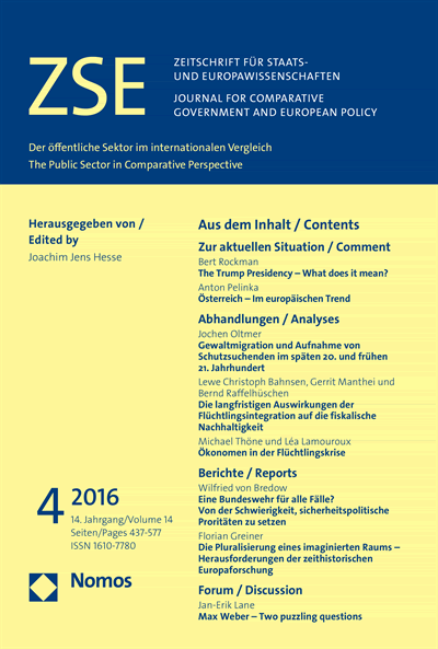 Cover der Ausgabe: ZSE Zeitschrift für Staats- und Europawissenschaften | Journal for Comparative Government and European Policy Jahrgang 14 (2016), Heft 4