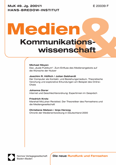 Cover der Ausgabe: M&K Medien & Kommunikationswissenschaft Jahrgang 49 (2001), Heft 1