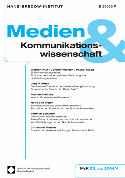 Cover der Ausgabe: M&K Medien & Kommunikationswissenschaft Jahrgang 52 (2004), Heft 4