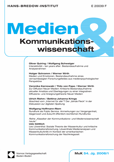 Cover der Ausgabe: M&K Medien & Kommunikationswissenschaft Jahrgang 54 (2006), Heft 1