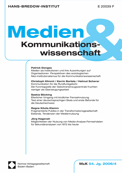 Cover der Ausgabe: M&K Medien & Kommunikationswissenschaft Jahrgang 54 (2006), Heft 4