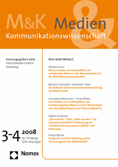 Cover der Ausgabe: M&K Medien & Kommunikationswissenschaft Jahrgang 56 (2008), Heft 3-4
