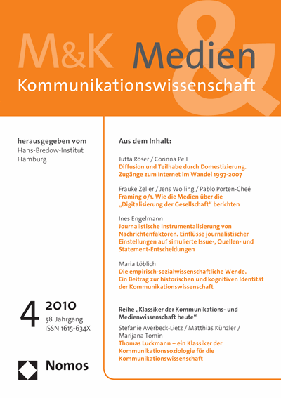 Cover der Ausgabe: M&K Medien & Kommunikationswissenschaft Jahrgang 58 (2010), Heft 4