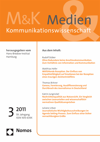 Cover der Ausgabe: M&K Medien & Kommunikationswissenschaft Jahrgang 59 (2011), Heft 3