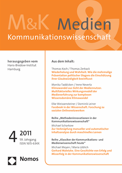 Cover der Ausgabe: M&K Medien & Kommunikationswissenschaft Jahrgang 59 (2011), Heft 4