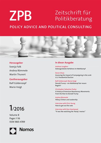 Cover der Ausgabe: ZPB Zeitschrift für Politikberatung Jahrgang 8 (2016), Heft 1