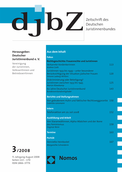 Cover der Ausgabe: djbZ Zeitschrift des Deutschen Juristinnenbundes Jahrgang 11 (2008), Heft 3