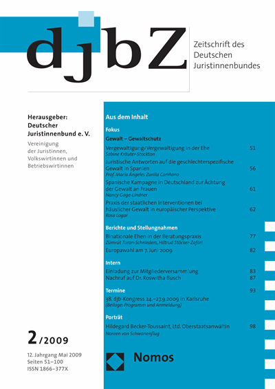Cover der Ausgabe: djbZ Zeitschrift des Deutschen Juristinnenbundes Jahrgang 12 (2009), Heft 2