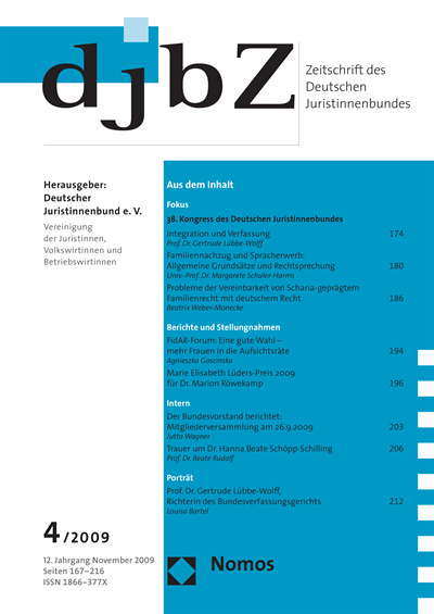Cover der Ausgabe: djbZ Zeitschrift des Deutschen Juristinnenbundes Jahrgang 12 (2009), Heft 4