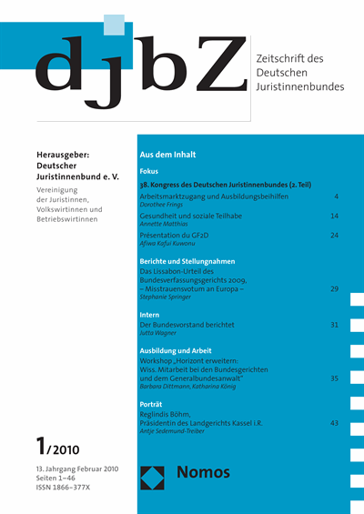 Cover der Ausgabe: djbZ Zeitschrift des Deutschen Juristinnenbundes Jahrgang 13 (2010), Heft 1