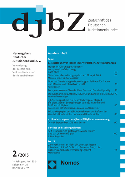 Cover der Ausgabe: djbZ Zeitschrift des Deutschen Juristinnenbundes Jahrgang 18 (2015), Heft 2