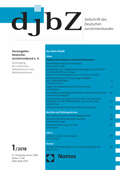 Cover der Ausgabe: djbZ Zeitschrift des Deutschen Juristinnenbundes Jahrgang 21 (2018), Heft 1