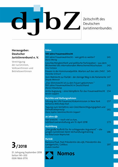 Cover der Ausgabe: djbZ Zeitschrift des Deutschen Juristinnenbundes Jahrgang 21 (2018), Heft 3