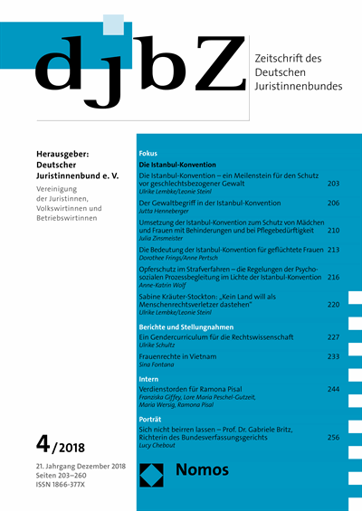 Cover der Ausgabe: djbZ Zeitschrift des Deutschen Juristinnenbundes Jahrgang 21 (2018), Heft 4