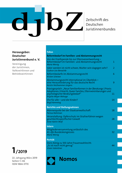 Cover der Ausgabe: djbZ Zeitschrift des Deutschen Juristinnenbundes Jahrgang 22 (2019), Heft 1