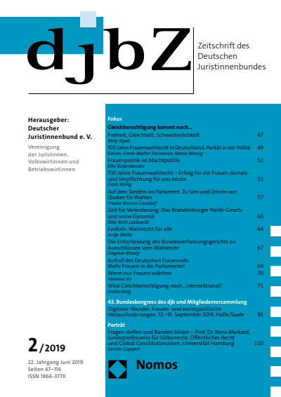 Cover der Ausgabe: djbZ Zeitschrift des Deutschen Juristinnenbundes Jahrgang 22 (2019), Heft 2