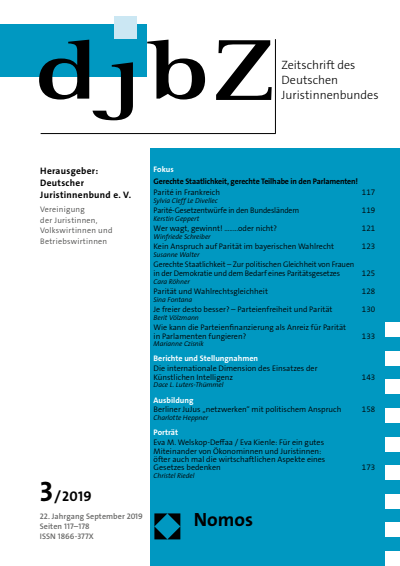 Cover der Ausgabe: djbZ Zeitschrift des Deutschen Juristinnenbundes Jahrgang 22 (2019), Heft 3