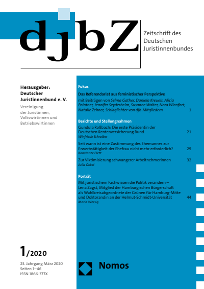 Cover der Ausgabe: djbZ Zeitschrift des Deutschen Juristinnenbundes Jahrgang 23 (2020), Heft 1