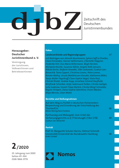 Cover der Ausgabe: djbZ Zeitschrift des Deutschen Juristinnenbundes Jahrgang 23 (2020), Heft 2
