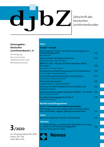 Cover der Ausgabe: djbZ Zeitschrift des Deutschen Juristinnenbundes Jahrgang 23 (2020), Heft 3