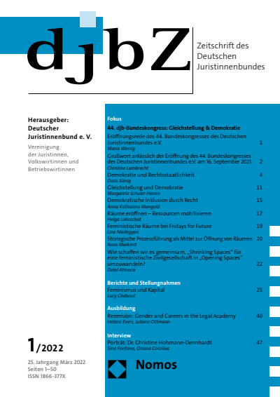 Cover der Ausgabe: djbZ Zeitschrift des Deutschen Juristinnenbundes Jahrgang 25 (2022), Heft 1