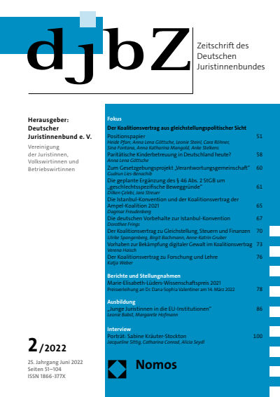 Cover der Ausgabe: djbZ Zeitschrift des Deutschen Juristinnenbundes Jahrgang 25 (2022), Heft 2
