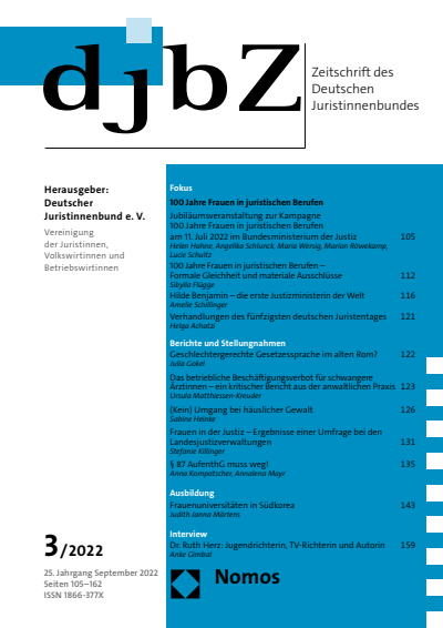 Cover der Ausgabe: djbZ Zeitschrift des Deutschen Juristinnenbundes Jahrgang 25 (2022), Heft 3