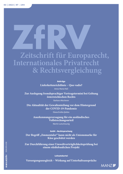 Cover der Ausgabe: ZfRV Zeitschrift für Europarecht, Int. Privatrecht und Rechtsvergleichung Jahrgang 64 (2023), Heft 3