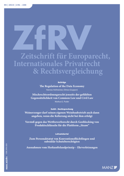Cover der Ausgabe: ZfRV Zeitschrift für Europarecht, Int. Privatrecht und Rechtsvergleichung Jahrgang 64 (2023), Heft 6