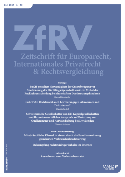 Cover der Ausgabe: ZfRV Zeitschrift für Europarecht, Int. Privatrecht und Rechtsvergleichung Jahrgang 65 (2024), Heft 1