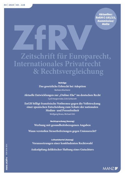Cover der Ausgabe: ZfRV Zeitschrift für Europarecht, Int. Privatrecht und Rechtsvergleichung Jahrgang 66 (2025), Heft 3