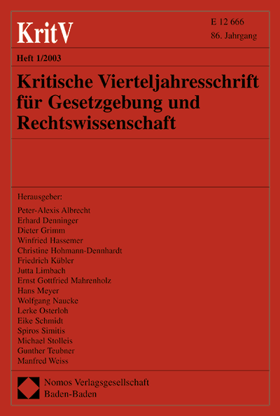Cover der Ausgabe: KritV Kritische Vierteljahresschrift für Gesetzgebung und Rechtswissenschaft Jahrgang 86 (2003), Heft 1