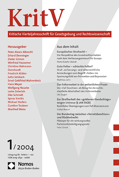 Cover der Ausgabe: KritV Kritische Vierteljahresschrift für Gesetzgebung und Rechtswissenschaft Jahrgang 87 (2004), Heft 1