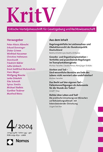 Cover der Ausgabe: KritV Kritische Vierteljahresschrift für Gesetzgebung und Rechtswissenschaft Jahrgang 87 (2004), Heft 4