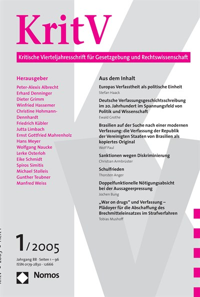 Cover der Ausgabe: KritV Kritische Vierteljahresschrift für Gesetzgebung und Rechtswissenschaft Jahrgang 88 (2005), Heft 1