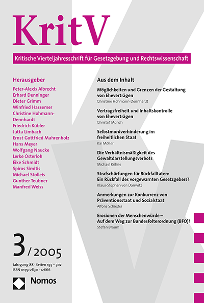 Cover der Ausgabe: KritV Kritische Vierteljahresschrift für Gesetzgebung und Rechtswissenschaft Jahrgang 88 (2005), Heft 3