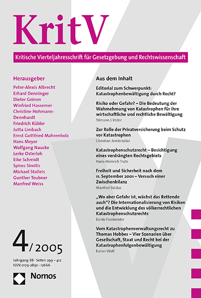 Cover der Ausgabe: KritV Kritische Vierteljahresschrift für Gesetzgebung und Rechtswissenschaft Jahrgang 88 (2005), Heft 4