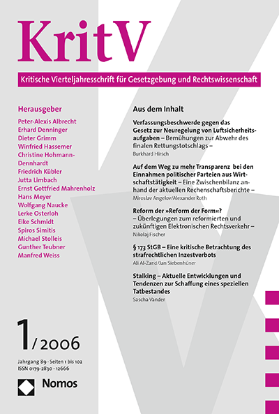 Cover der Ausgabe: KritV Kritische Vierteljahresschrift für Gesetzgebung und Rechtswissenschaft Jahrgang 89 (2006), Heft 1